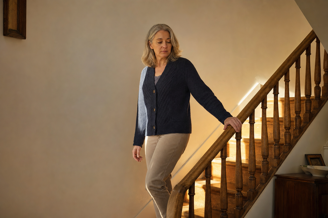 Woman in her fifties pausing on a staircase in early morning light, one hand on the banister
