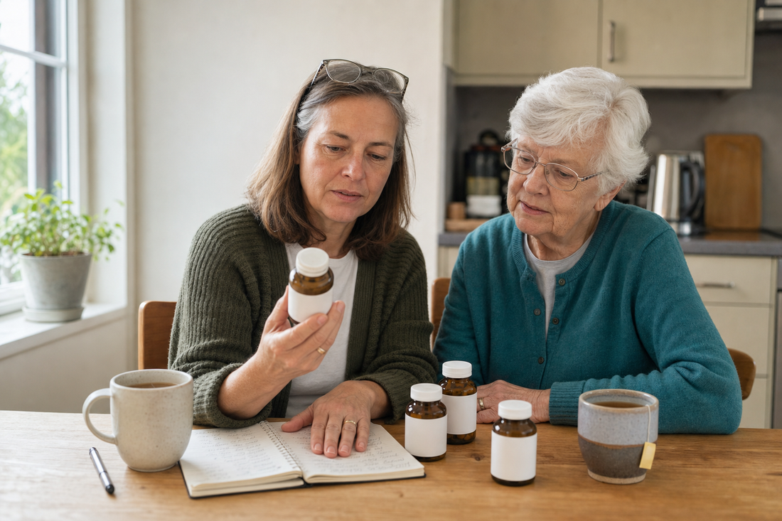 Adult daughter and her mother at a kitchen table, prescription bottles and a handwritten list between them