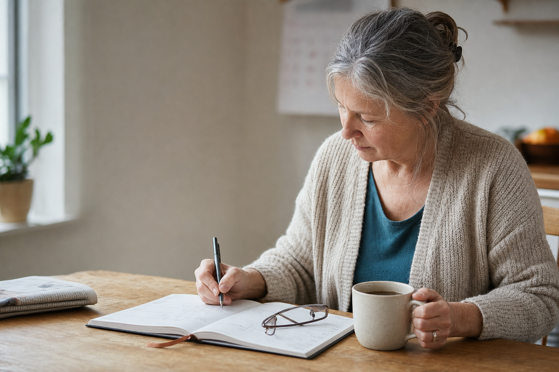 A woman in her fifties at a kitchen table making a note in a paper week-to-view diary beside a mug of coffee