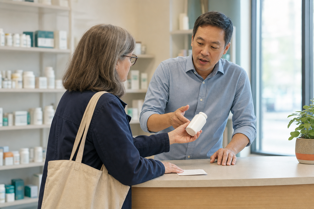 A woman in her fifties showing an unlabeled supplement bottle to a pharmacist across a pharmacy counter