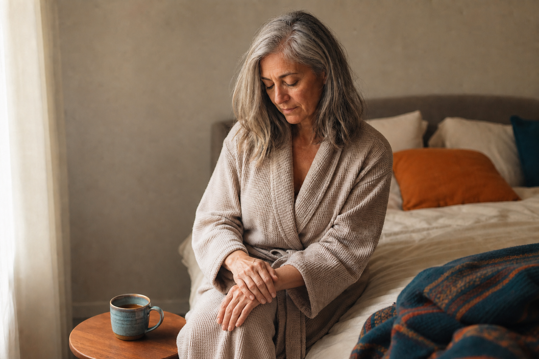 woman on bed looking at her hands