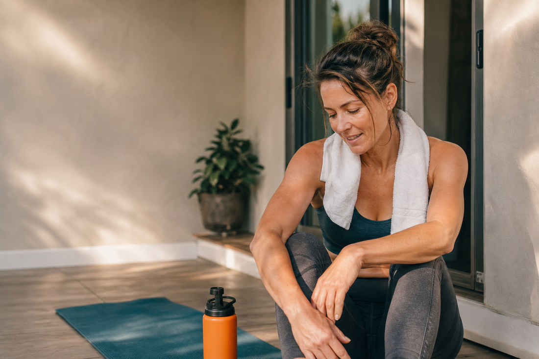 woman sitting on with towel and water bottle