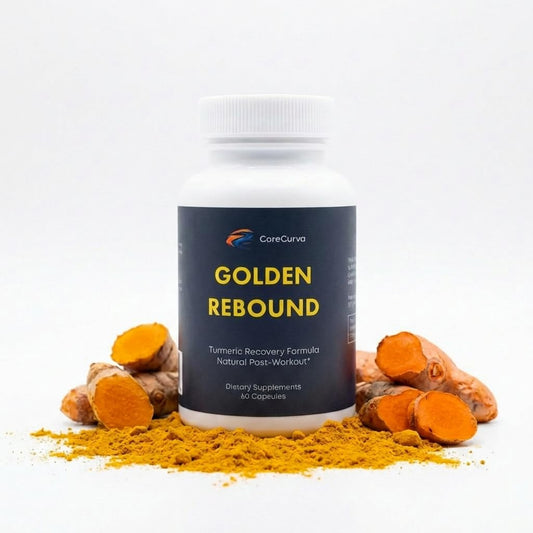 Supplement bottle labeled 'Golden Rebound' with turmeric roots and powder on a white background