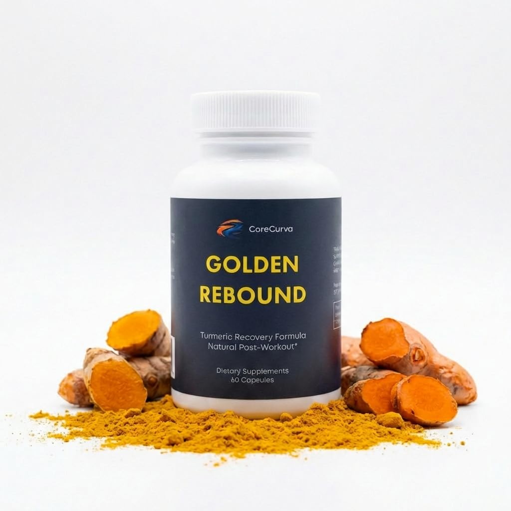Supplement bottle labeled 'Golden Rebound' with turmeric roots and powder on a white background